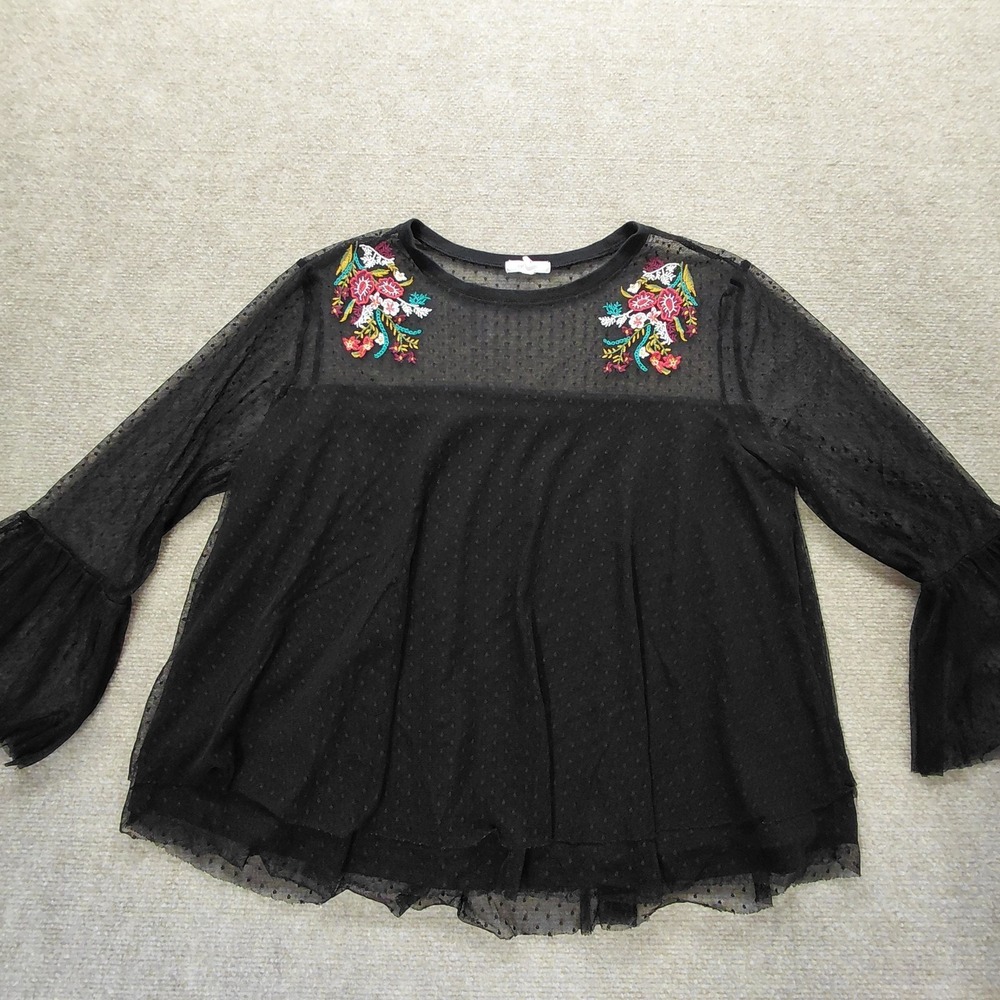 Maurices Top XL Black Lace Embroidered Flowers Bell Sleeve Whimsigoth Dark Fairy